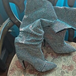 Crystal-Studded Pointed Toe Stiletto Boots